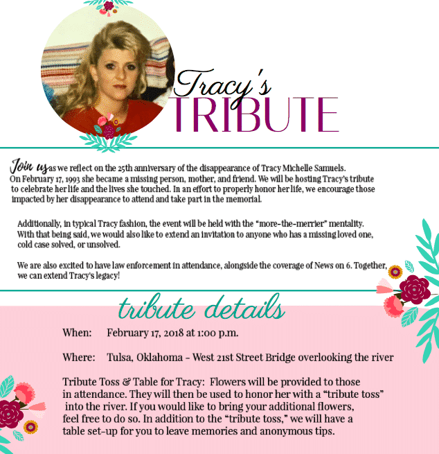 Tracy Samuels, Tulsa Missing and Lost, Tulsa, Glenpool, Oklahoma, Volunteer, Balloon Release, Bouquet Toss, Laurie Biby, Wilderness Advocate, Sapulpa, Tulsa River Parks